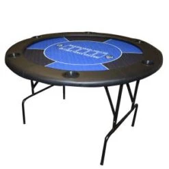 Table De Poker Ronde "NO LIMIT BLEU" - 120 Cm - Avec Pieds Pliants - Tapis Jersey Néoprène - 6 Joueurs -Cartes Production table de poker ronde no limit bleu avec pieds pliants tapis jersey neoprene 6 joueurs 2